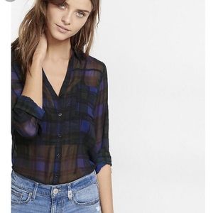 Express Portofino blouse‎ green blue plaid small sheer